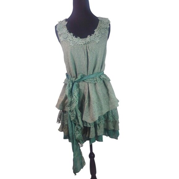 Pretty Angel Fairy Mini Dress M Silk 3D Floral Knit & Crochet Artsy Boho Green - Picture 1 of 6